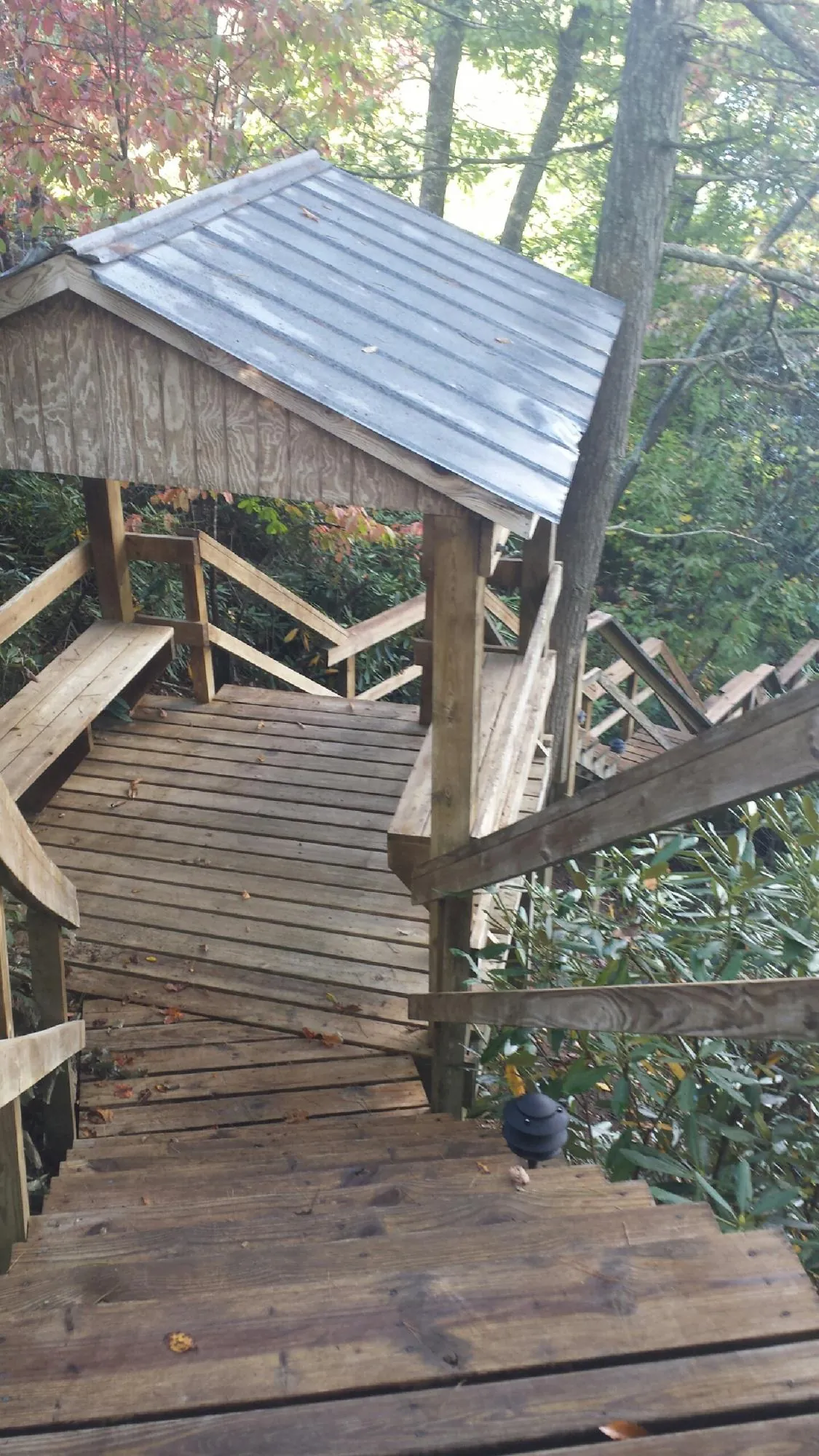 Metal roofed shelter over wooden steps on a wooded walkway — Skylight Repair & Installation work by our crew in Burnet